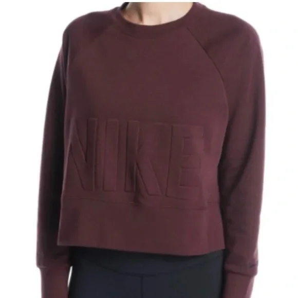 Nike Versa Cropped Boxy Sweatshirt Embossed Logo Sz S in Plum/Burgundy - Picture 1 of 4